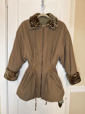 Basic Editions Taupe Utility Jacket with Leopard Faux Fur Trim